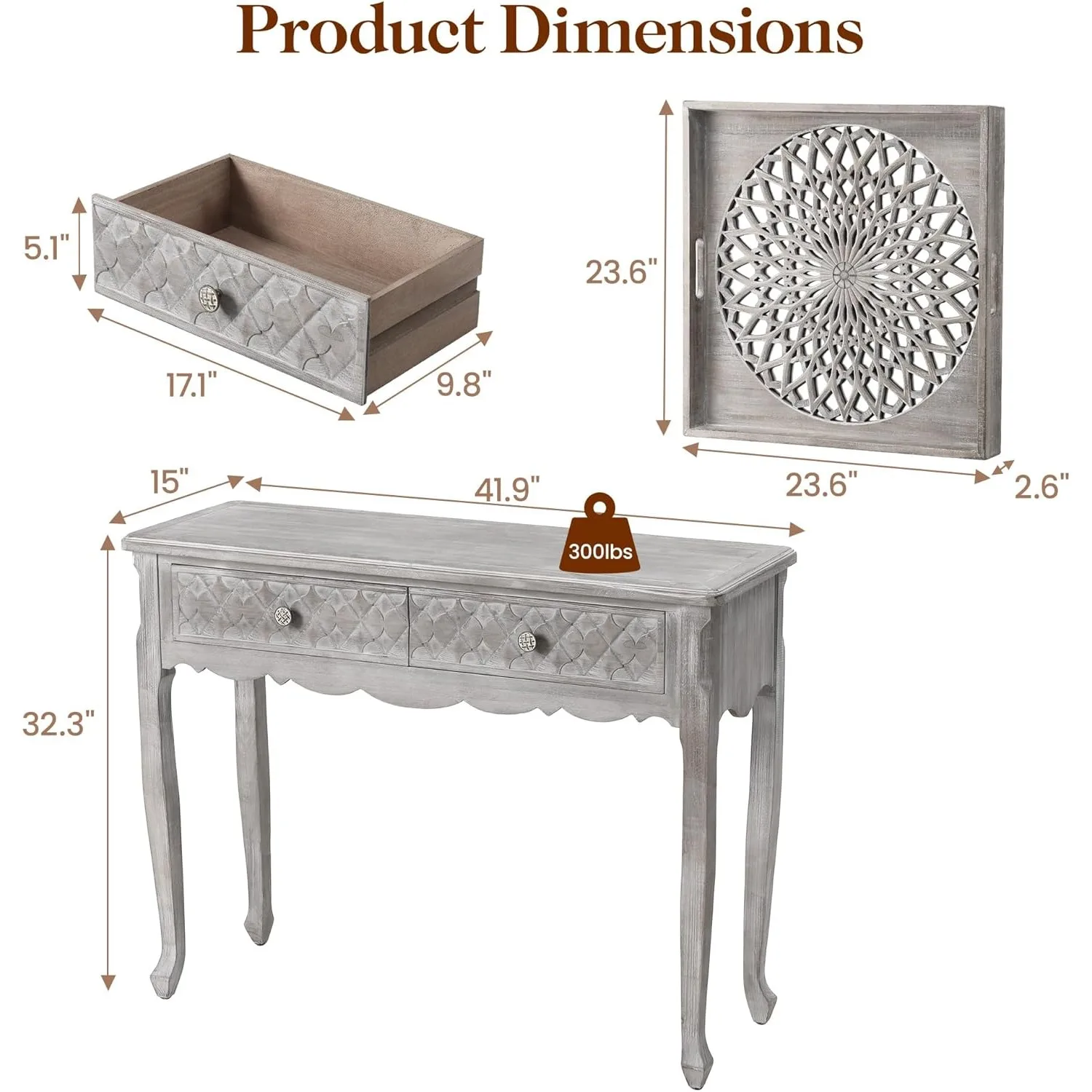 Solid Wood Entryway Table, Farmhouse Console Table with Storage and Carved Drawers, Rustic Console Tables for Entryway