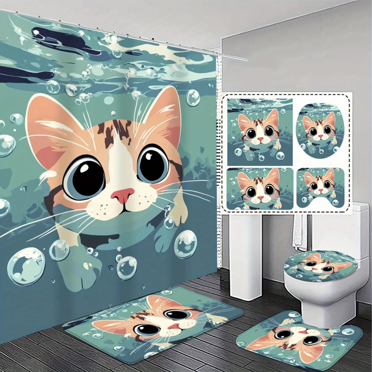 4pcs Cartoon Cute Popular High-Quality High Quality Shower Curtain with Cute Cat Design and Matching Non-Slip Bath Mat Set