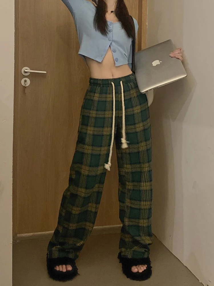 

Trousers Red Plaid Casual Women's Spring and Autumn New American Sports Wide Leg Retro Loose Green Fashion All-Match Fashion 1Pc