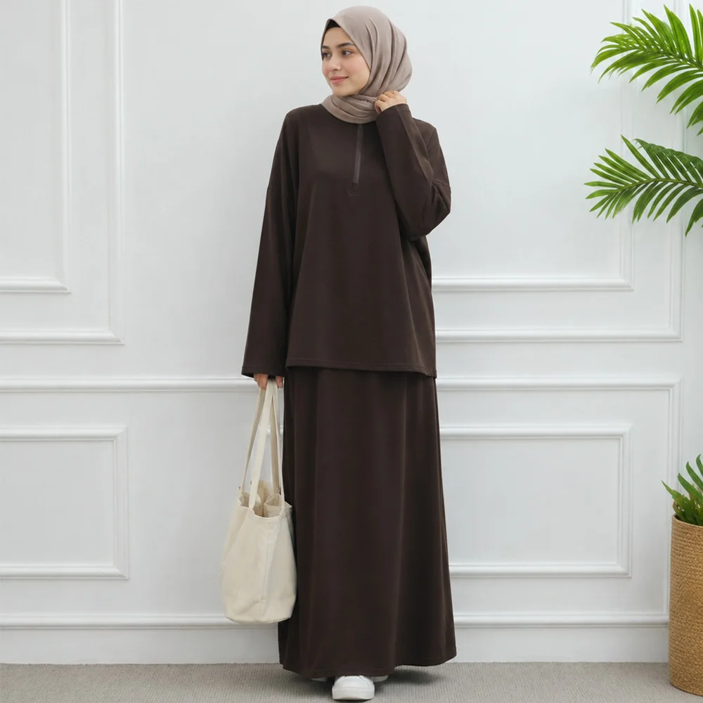 

Sporty Hijabi Co-ord Modest Muslim Women Lounge Set Matching Set: Half-Zip Mock Neck Drop Shoulder Loose Top, Full Length Skirt