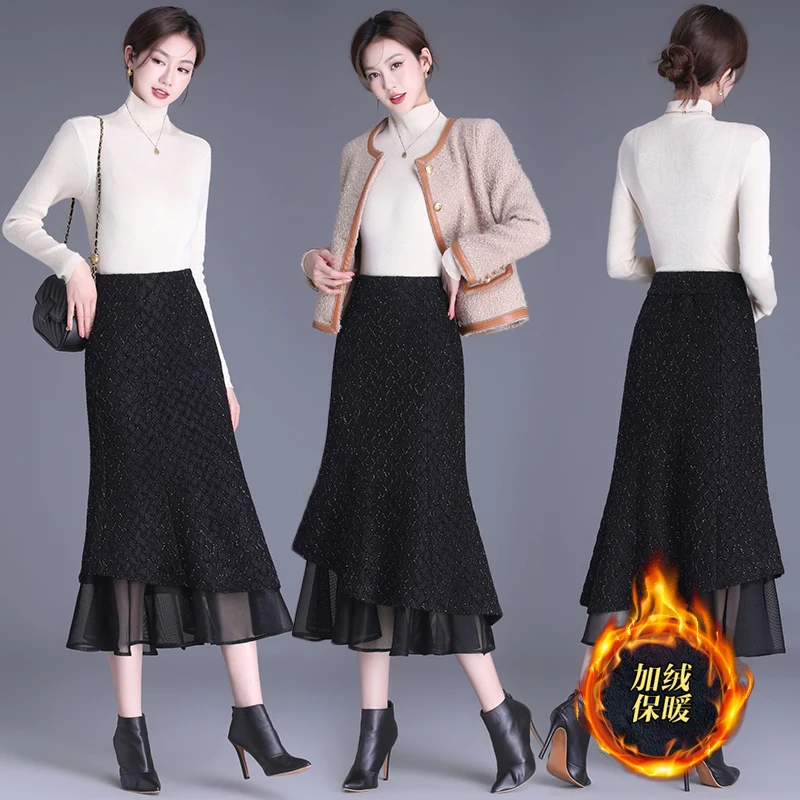 Winter Thick Skirt for Women Fashion Long Mermaid Dress Elegant Trumpet Skirt High Waist Female Velvet Lined Skirts