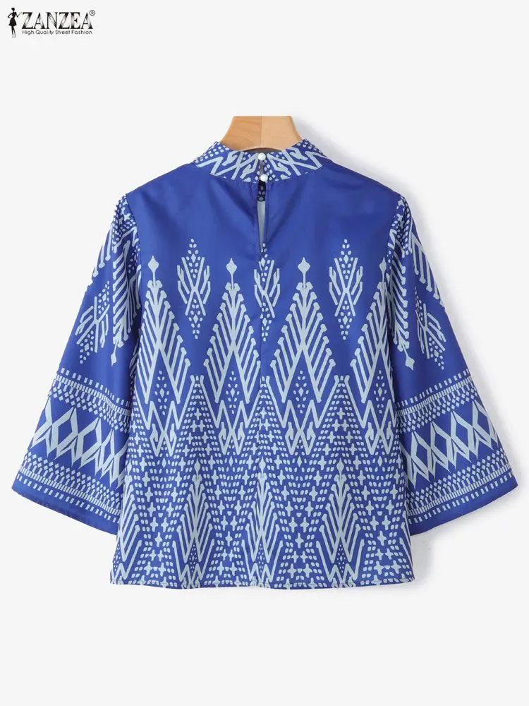 Etniczne bluzki damskie w stylu vintage z nadrukiem, moda wiosenna 2026, stójka, rękawy 3/4 rozszerzane, codzienne topy, odzież damska ZANZEA