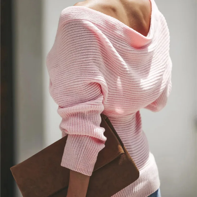 Winter Sexy Deep V-Neck Loose Jumpers Women Sweaters Off Shoulder Solid Color Long Sleeve Knitted Pullover Sweater Sueter Mujer
