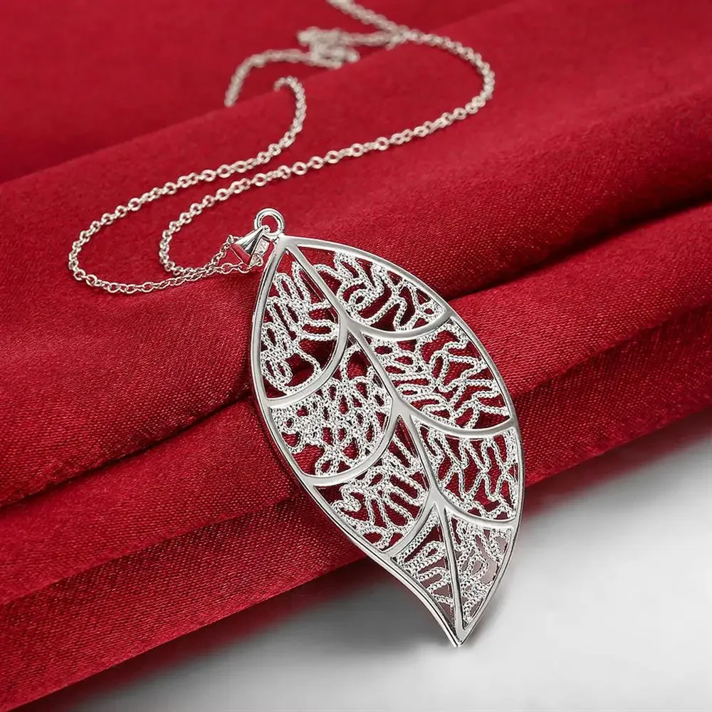 Fine Pretty 925 Sterling Silver Leaf pattern Pendant Necklace For Women Holiday gifts high quality fashion party wedding Jewelry