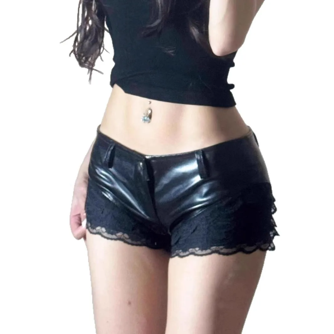 

2026 New Spice Girls Sexy Nightclub Slim Low Waist Lace Splicing PU Leather Shorts Hot Pants