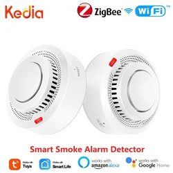 Tuya Zigbee-Détecteur de fumée WiFi intelligent, alarme 80dB, capteur d'incendie, maison intelligente, vie, surveillance à distance, fonctionne avec Zigbee airies, Alexa