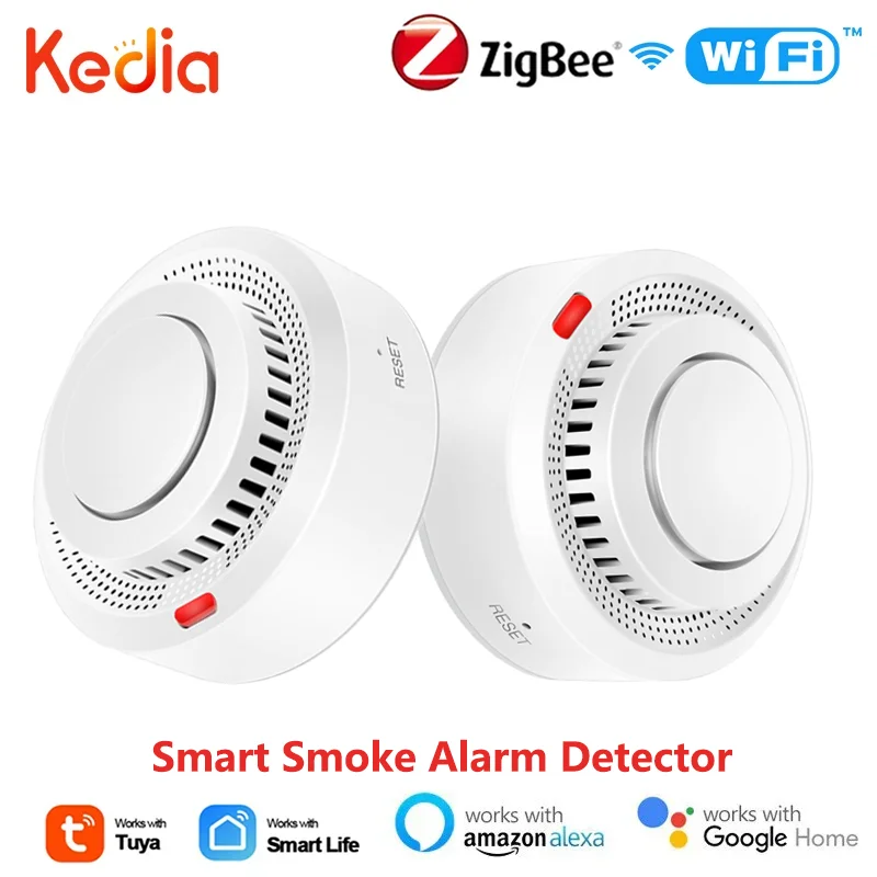 Tuya Zigbee WiFi Smart Smoke Detector 80dB Alarm Fire Sensor Smart Home Smart Life Remote Monitoring Work with Zigbee Hub Alexa