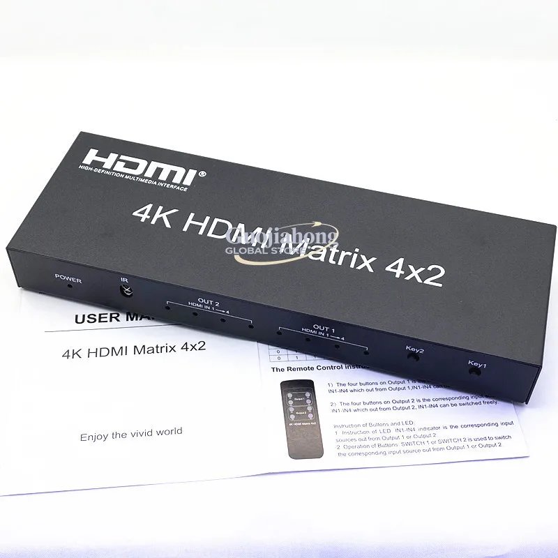 4K   switcher/splitter 4 in 2 out high definition   Matrix 4x2 with remote control/audio separation