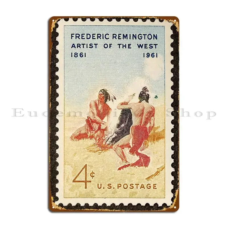 1961 4 Frederic Remington Postage Stamp Metal Plaque Living Room Garage Rusty Cinema Designing Tin Sign Poster
