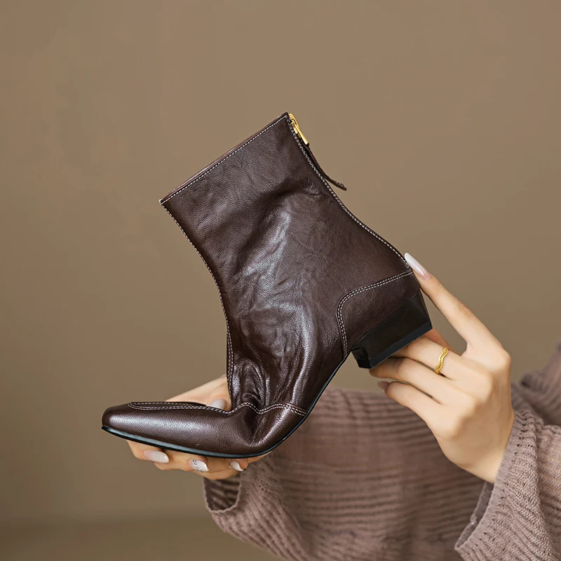 

Genuine Leather Super Soft Sheepskin Back Zipper Casual Ankle Boots Square Toe Low Heel Versatile for Women