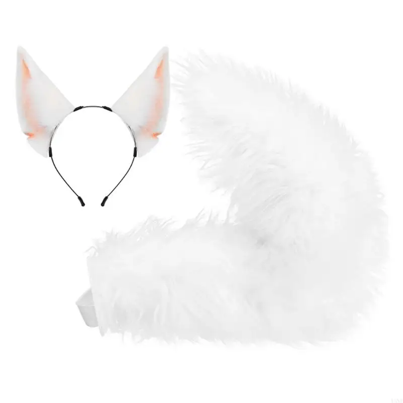 

Y3NE Cats Ears and Wolf Foxes Animal Tail Halloween Cosplay Costume Faux Furs Hair Clip Headdress with Foxes Cats Tail Gifts