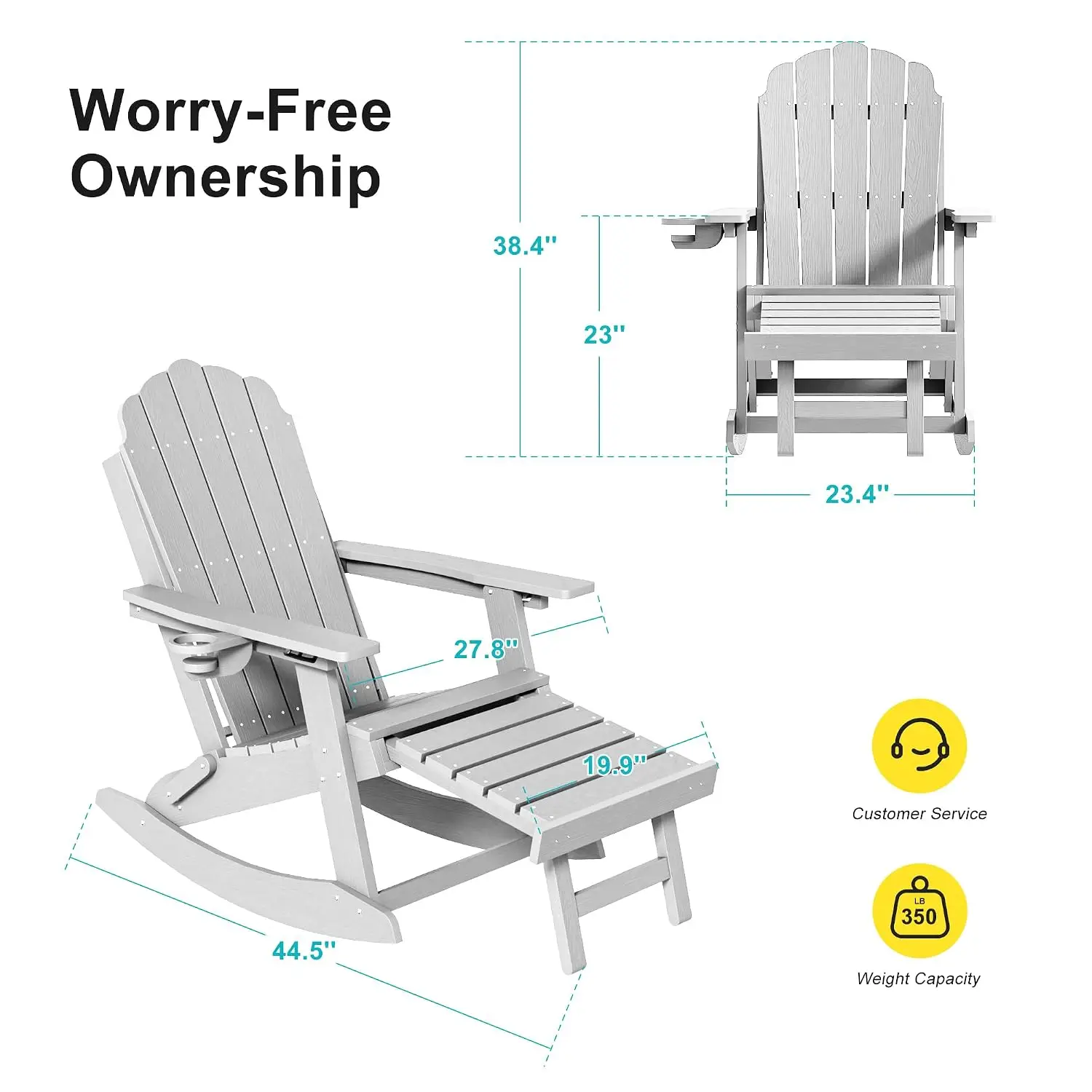 HDPE Rocking Chair, 4-in-1 Folding with Retractable Ottoman, Adjustable Backrest & Cup Holder for Porch, Pool, Grey, Customized