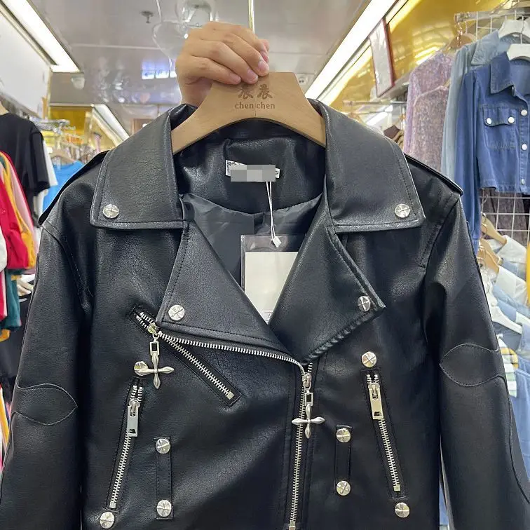 2024 Spring and Autumn New Leather Coat Women Punk Fashion Short Motorcycle Jacket Top