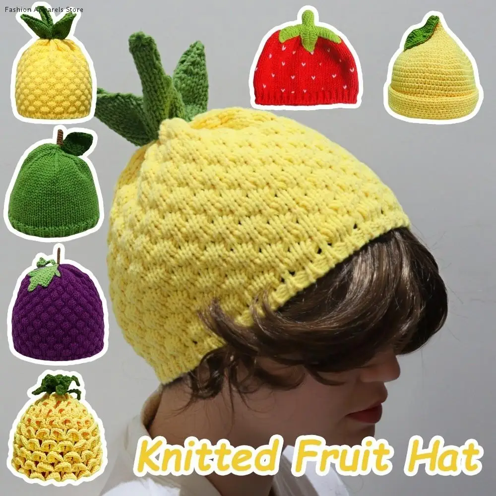 

Lemon Creative Knitted Fruit Hat Warm Playful Strawberry Pullover Cap Soft Thick Pineapple Beanie Skiing