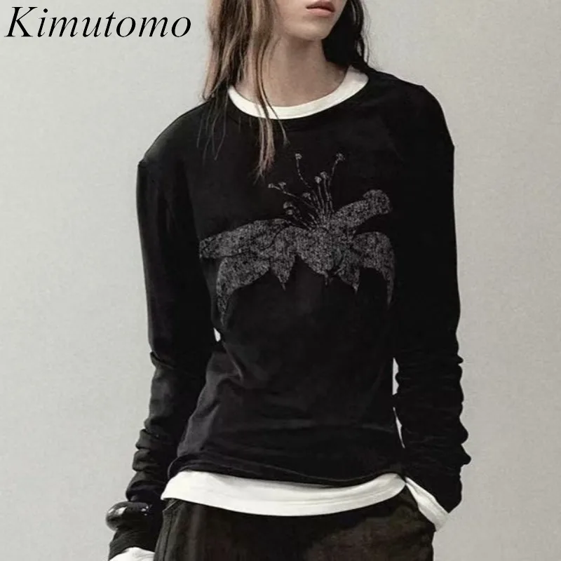 

Kimutomo женские футболки с цветочным принтом и длинным рукавом с круглым вырезом, осень 2022, модные винтажные топы в стиле гранж Y2k, женская повседневная футболка