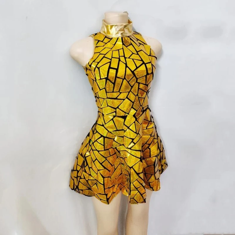 

Gold Sequins Laser Mirror Sleeveless Short Dress Women Singer Dancer Bar Nightclub Stage Wear Birthday Prom Party Dance Costume