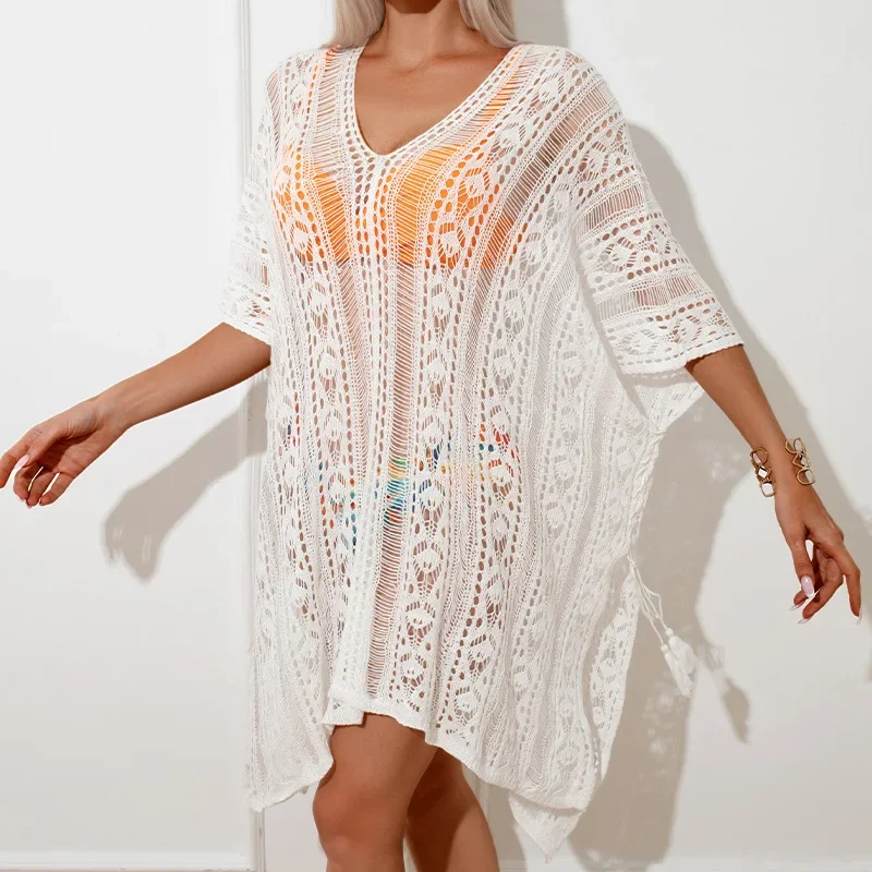 2025 Crochet White Knitted Beach Cover Up Dress Without Bikini Tunic Pareos Bikinis Cover Ups Swim Cover Up Robe Plage Beachwear