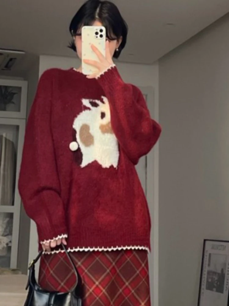 Red Knitted Pullovers Women Loose Festivals Leisure O-neck Lovely Sweet Y2k Vintage Cartoon Sweaters Ulzzang All-match Ins Hot