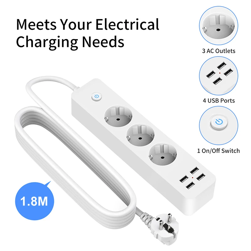 2200w 10A EU Plug Socket With 4 USB Charging Ports 5V 2.4A 3 Outlet 1.8M Extension Cord Fast Charge For Home Office Smartphone