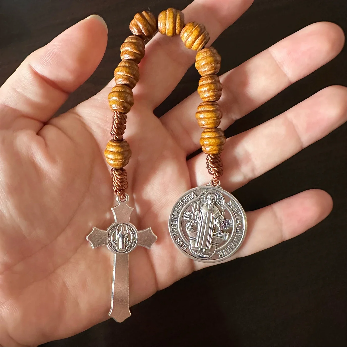 ✝ Saint Benedict Medal Pocket Rosary – Brown Wood Beads & Crucifix 1