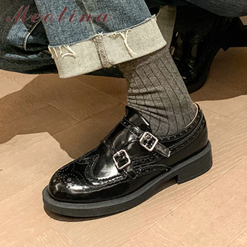 

Meotina Women Genuine Leather Loafers Round Toe Thick Mid Heels Pumps Buckle Cow Suede Ladies Fashion Shoes Spring Autumn Brown