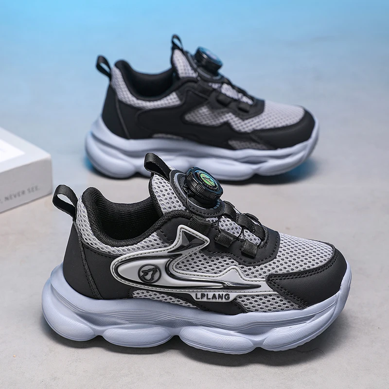 Boys Girls Children Sneakers Rotating Quick‑Fasten Buckle Breathable Mesh Fabric Shock‑Absorbing Wear‑Proof Sports Running Shoes