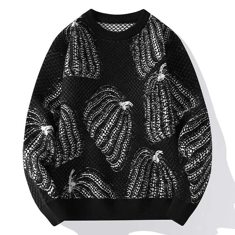 Men's 2023 Autumn and Winter Pullover Round Neck Patchwork Waffle Fashion Commuter Solid Color Loose Bottom Long Sleeved Tops