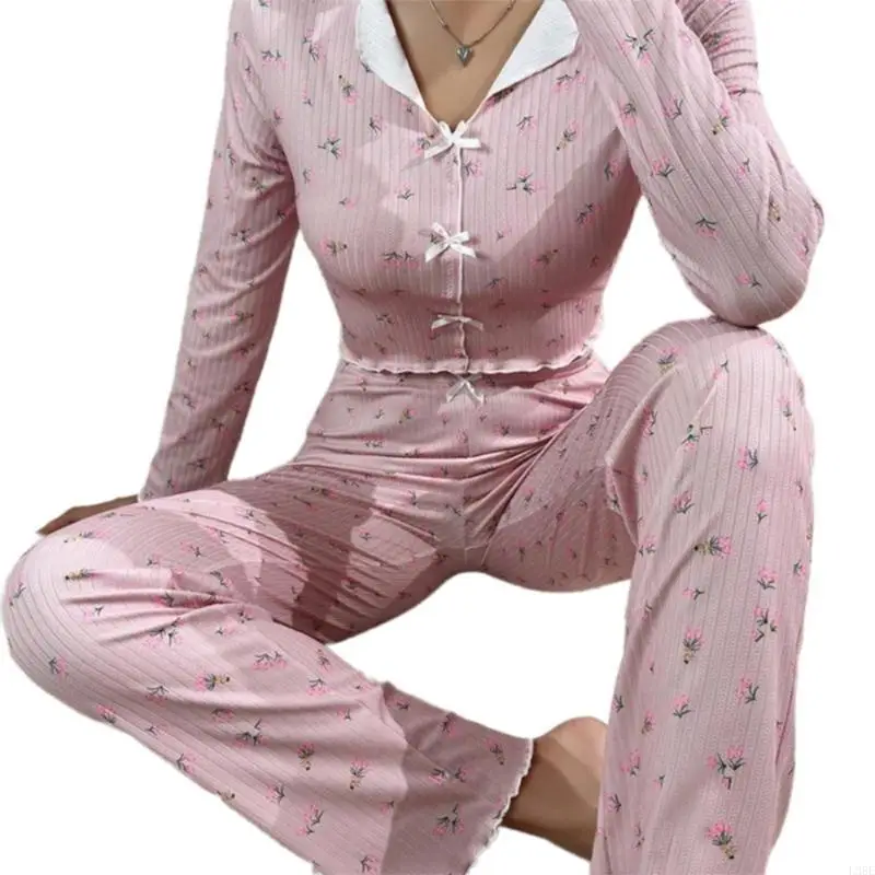 L38E Womens Ribbed Pajamas Set 2Pcs Sleepwear Loungewear Floral Print Ruffle Trim Bowknot Long Sleeve Crop Top and Pants
