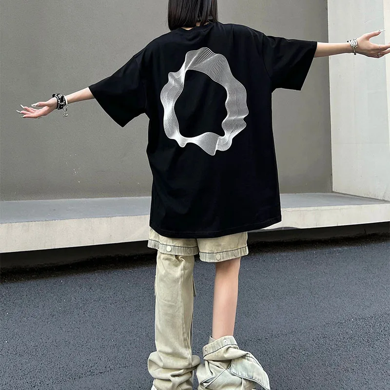 2025 Fashion future technology geometric curve niche fashion brand short sleeve summer high street loose couple T-shirt