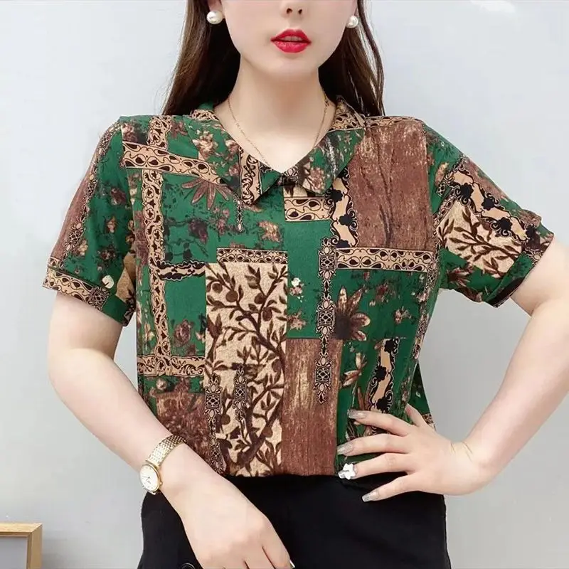 2023 New Stylish Peter Pan Collar Blouse Summer Vintage Printed Folk Female Clothing Short Sleeve Patchwork Commute Loose Shirt