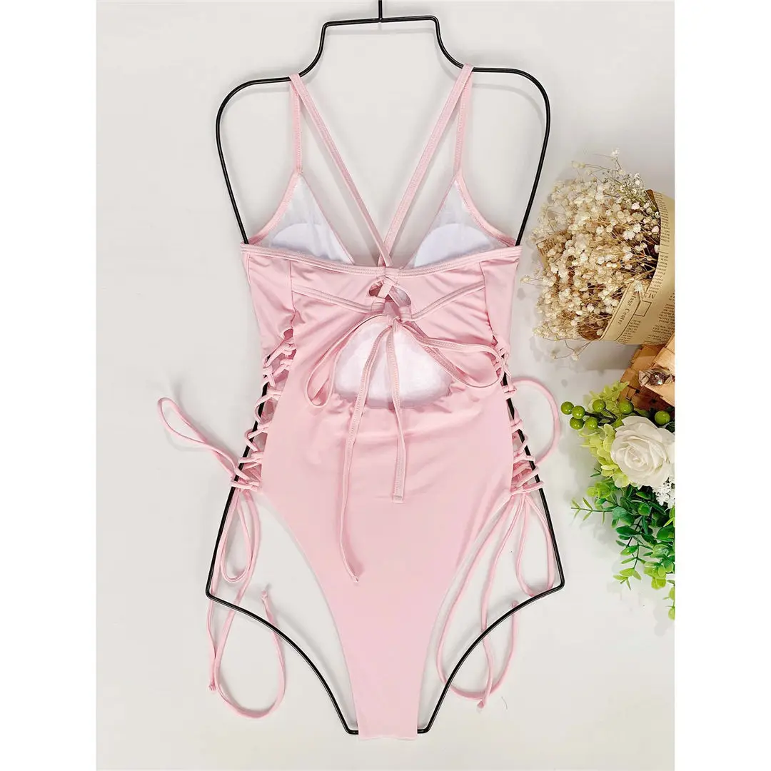 Sexy, mit Schnürung versehener, einteiliger Badeanzug mit Bügel, Damen-Bademode, rückenfreier Monokini-Badeanzug, Badeanzug für Damen, Modell V2906. – Detail 23