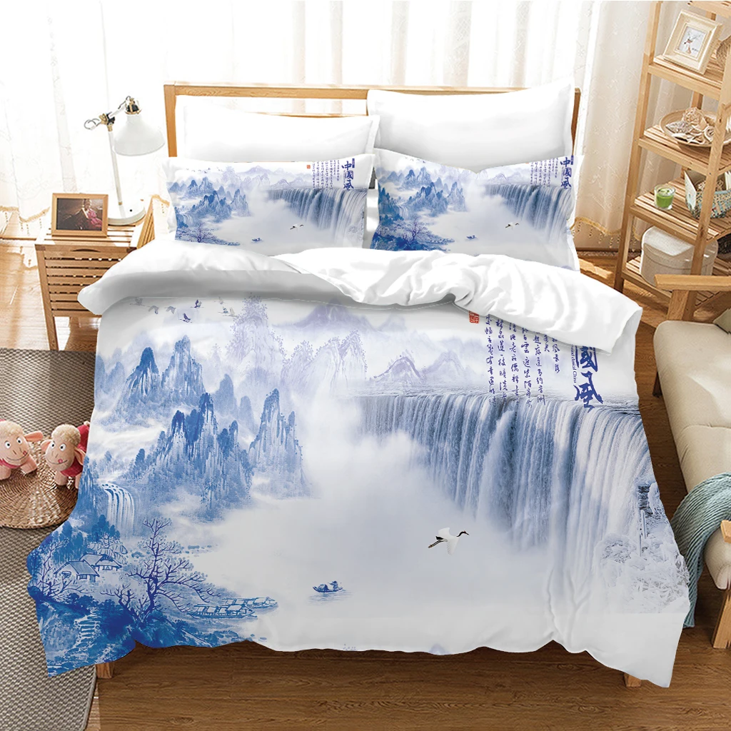 HUANZHUANG Design Duvet Cover Blue Waterfall Landscape Modern Bedding Set With Zipper Closure Ultra Soft Durable King Queen Doub