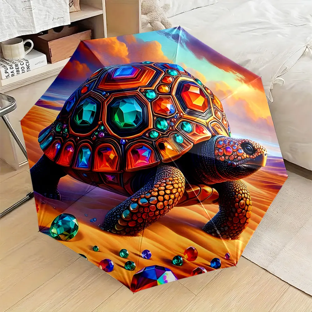 1PC Creative Tortoise-Inspired Umbrella with Gemstone Design Print 8 Iron Ribs Folding Umbrella Auto-Open Fashion Sunshade