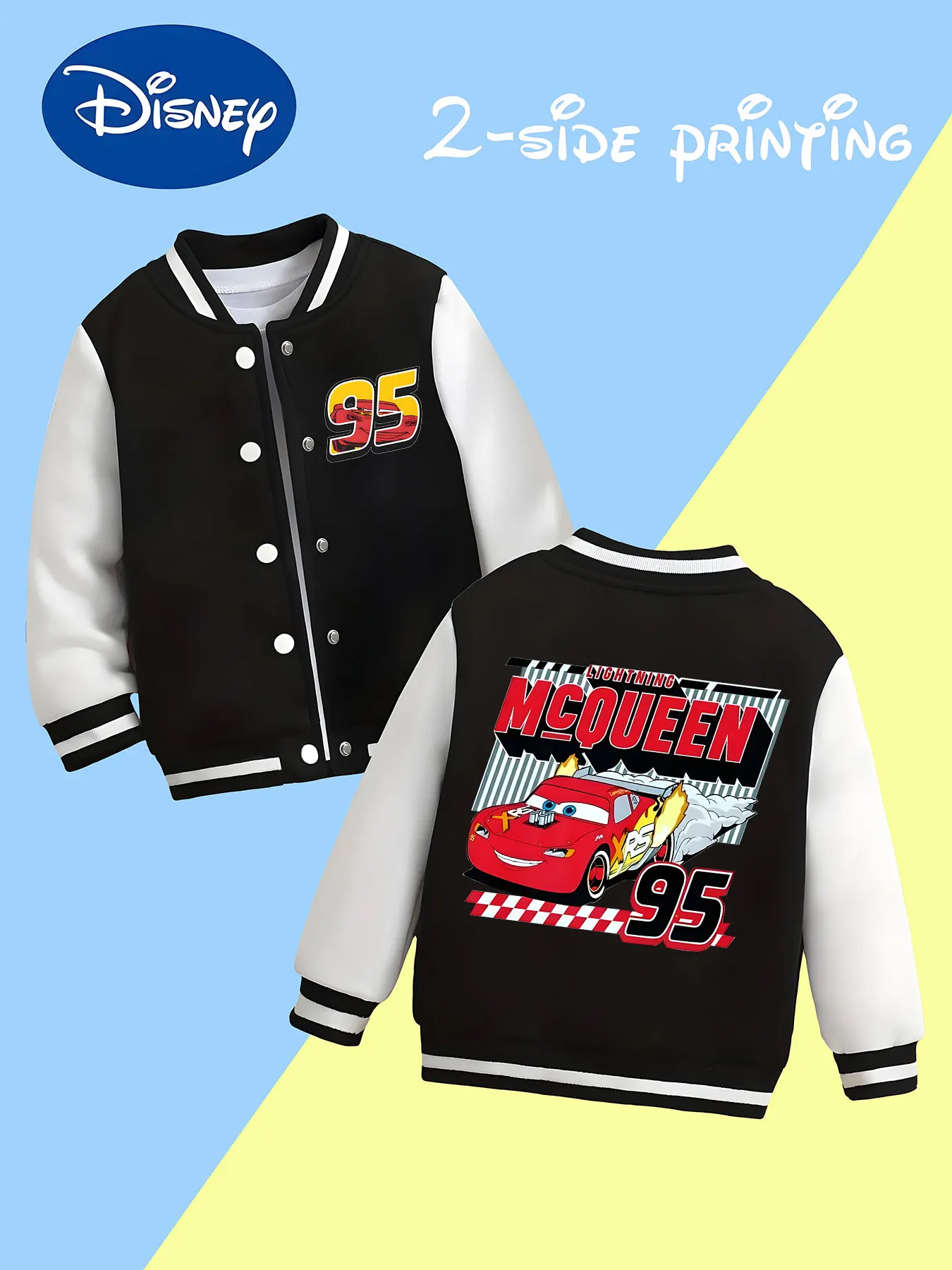 

MINISO Disney McQueen dynamic boys' baseball jacket - McQueen racing print, double-sided design, fashionable and easy to wear