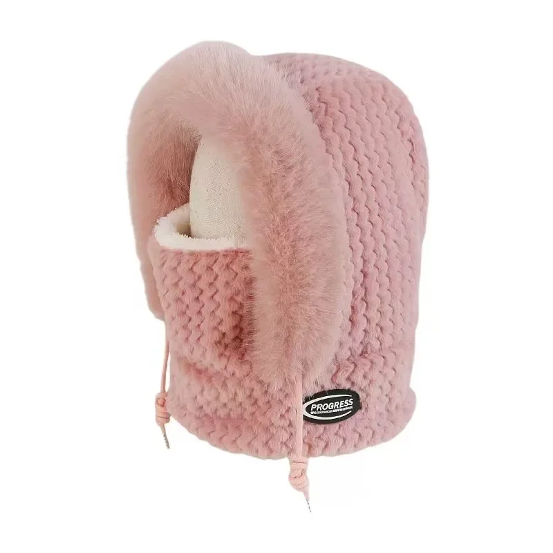 AliExpress NONE Winter Plush Hat for Women Warm Thick Hood with Scarf Mask Ear Protection Windproof Thermal Cap for Outdoor Cycling Riding