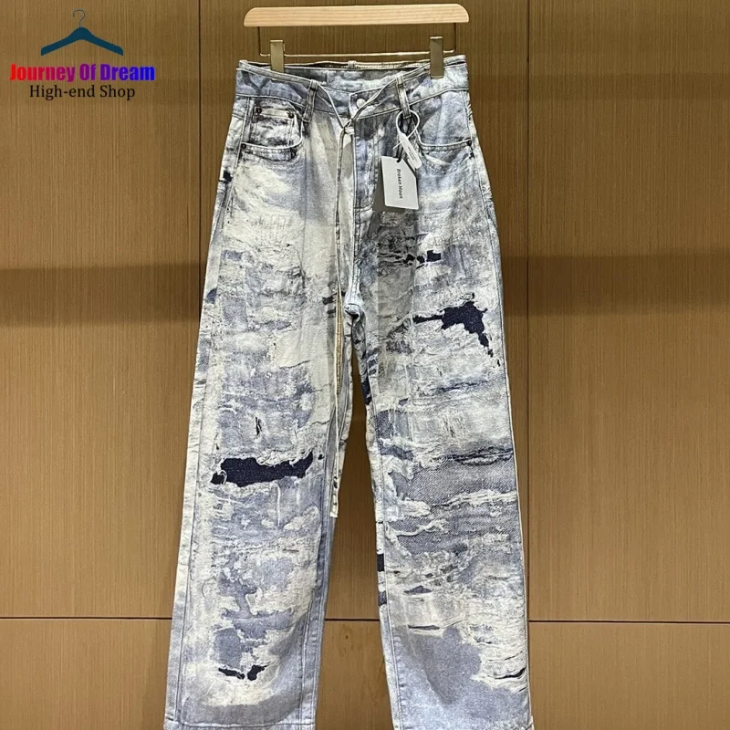 New Mens Womens Luxury 3D Print Chain Charms Straight Ragged Light Blue Vintage Printed Jeans Straight Trousers