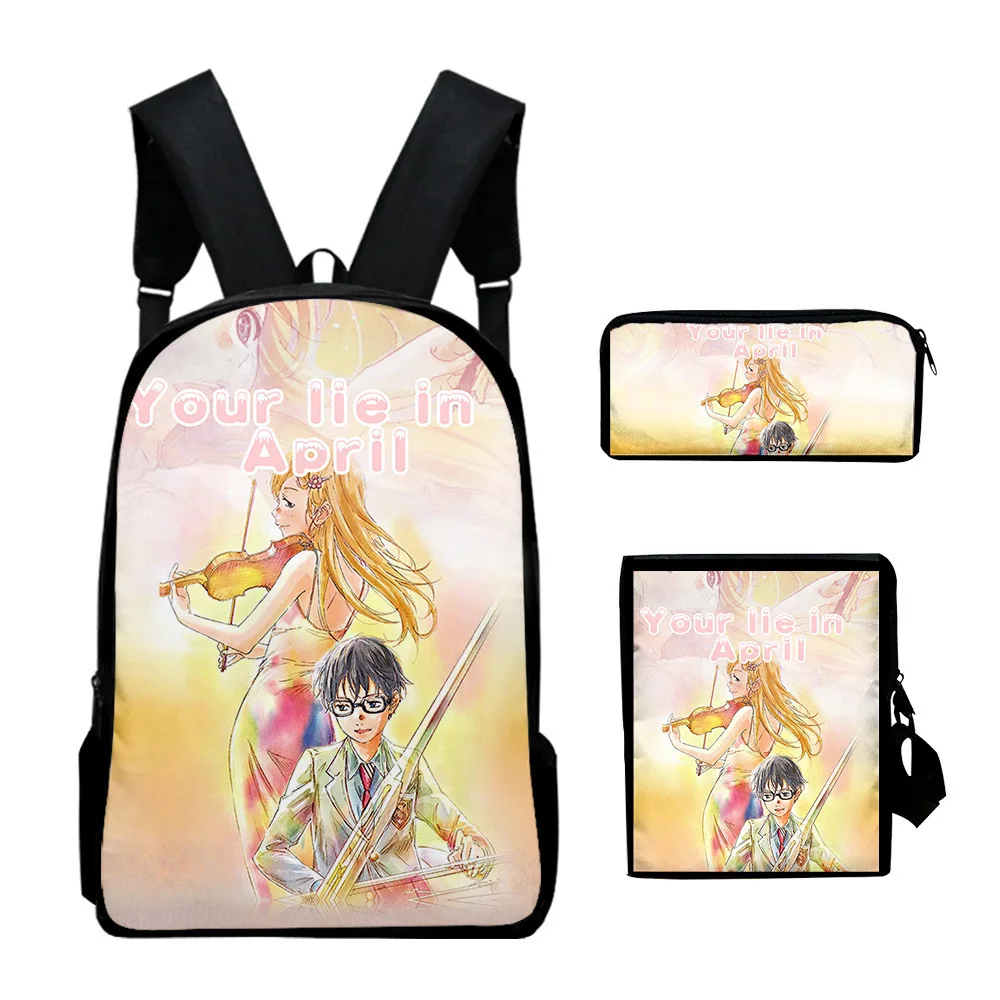 Classic Novelty Your lie in April 3D Print 3pcs/Set pupil School Bags Laptop Daypack Backpack Inclined shoulder bag Pencil Case