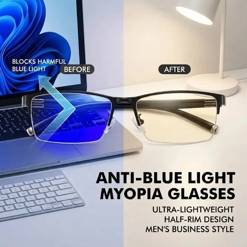 Business Men Ultra Light Half Frame Anti Blue Light Glasses Myopia Customizable 0 Degree Plain Lens Office Daily Eyeglasses