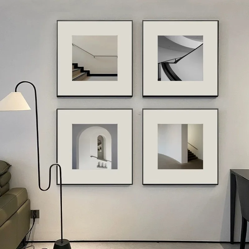 Fotografía arquitectónica moderna minimalista en blanco y negro, combinación de obras de arte decorativas, marco cuadrado para sala de estar, restaurante...