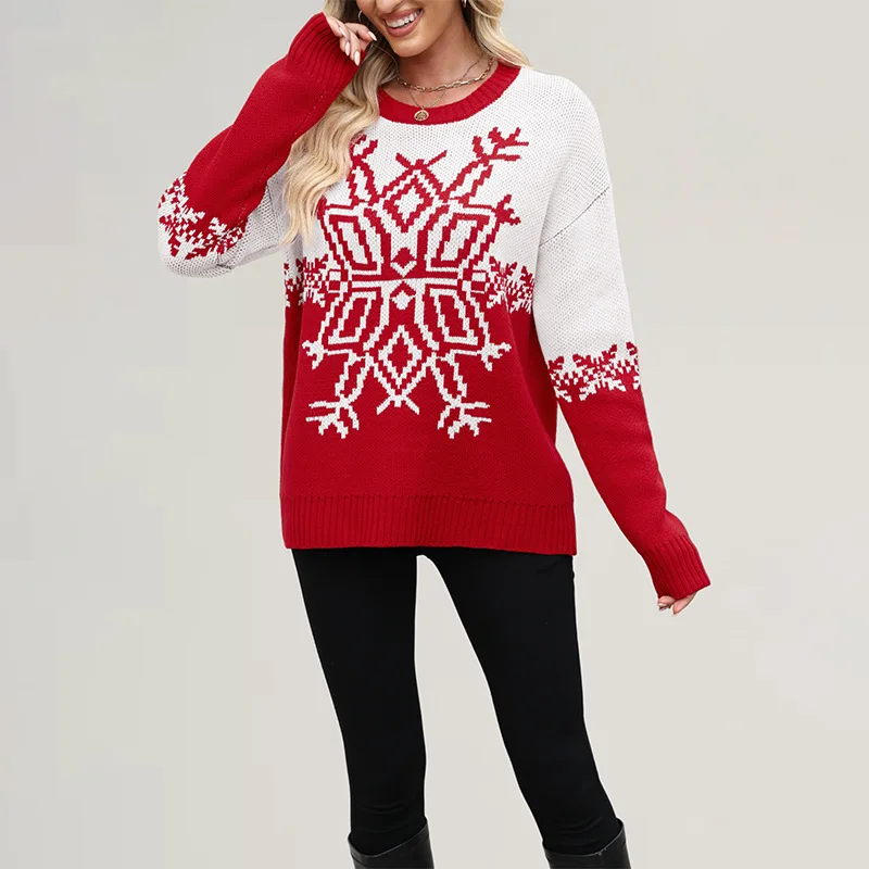 

Fashion Christmas Sweater For Women Autumn Winter Casual Warm Round Neck Long Sleeved Snowflake Knitted Pullover Loose Top