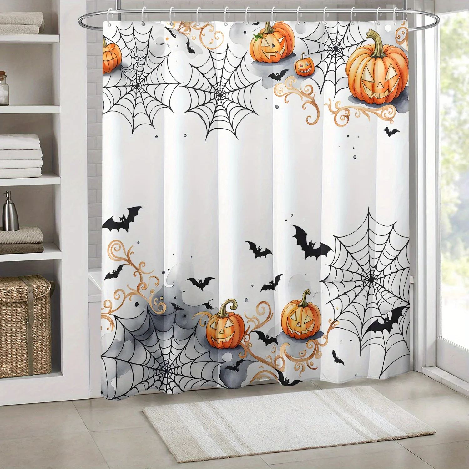 Halloween Devil Pumpkin Spider Web Printed Shower Curtain with Hooks, Polyester Fabric