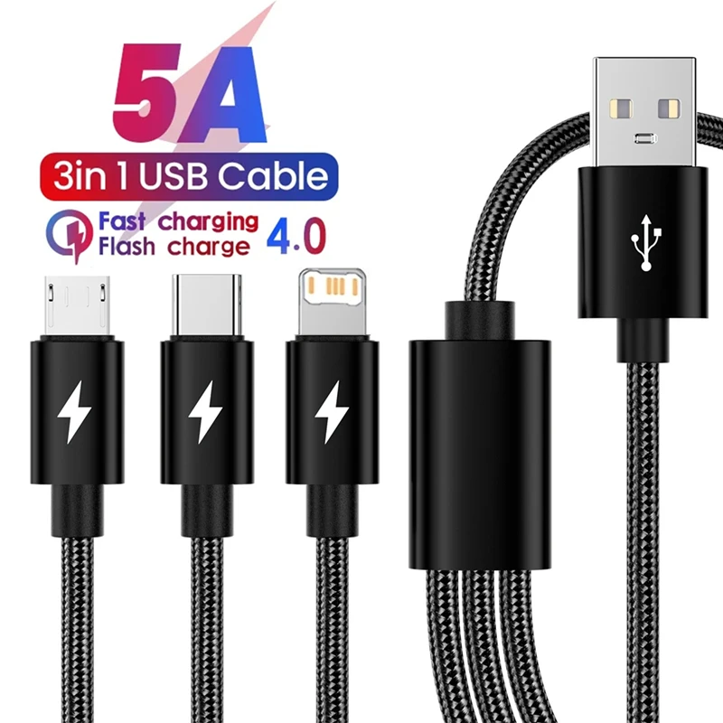 3 in 1 Super Fast Charging USB Cable for iPhone 14 Samsung Huawei Xiaomi Redmi POCO Micro USB Type C Charger Braided Cable 1m 2m