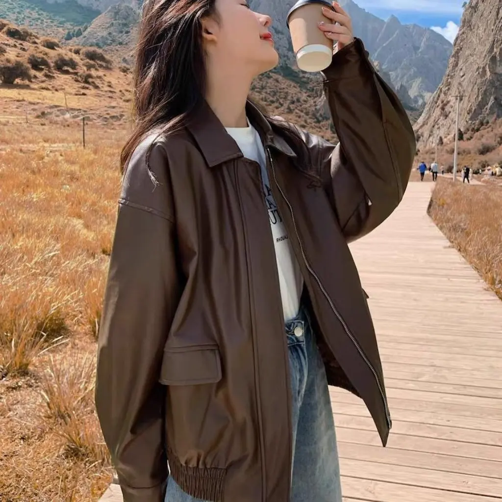 レディース ブラウン PUレザー ジャケット マイラード アメリカン レトロ スイート クール ルーズフィット バイクスタイル