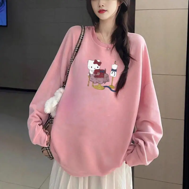 귀여운 고양이 프린트 긴팔 스웨트셔츠 여성용 캐주얼 아우터웨어 편안한 루즈핏 가을 겨울 신상 재미있는 만화 디자인