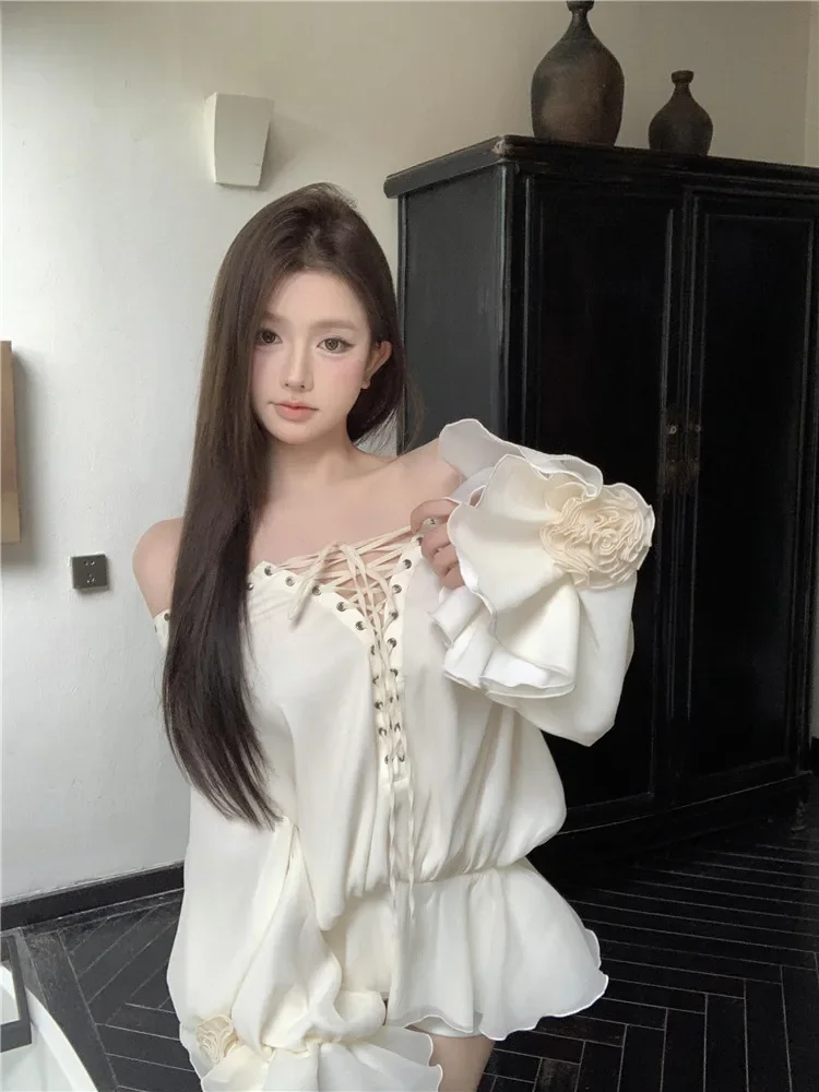 New Fall Sexy Slash Neck Red Super Mini Dress Women Lace Up Straps Short Shirt Fashion Flare Sleeve Ballet Off Shoulder Blouse