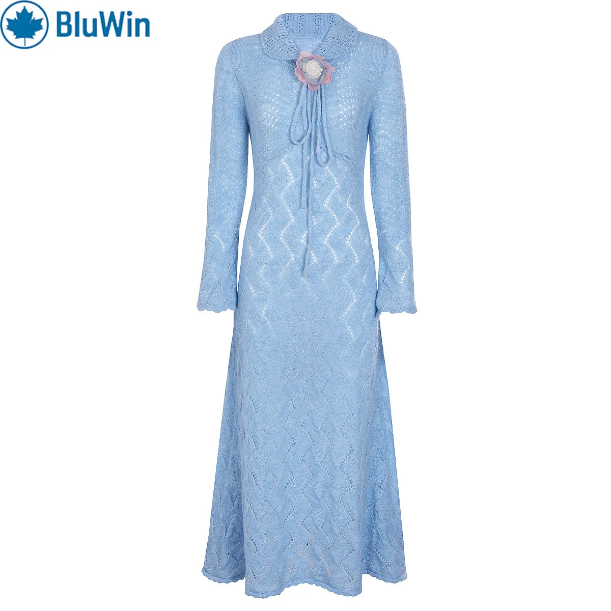 فستان بياقة من الصوف المحبوك، زخرفة زهور أوربانشيك ثلاثية الأبعاد، فتحة جانبية، فستان خريفي ممتاز بأكمام طويلة #6