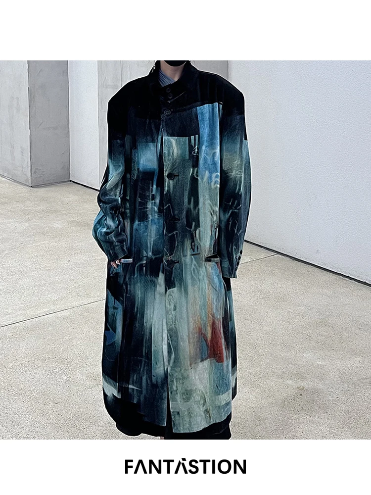 

FANTASTION Original design Blue print pattern Velvet Retro and casual style Coats jacket loose unisex Long trench coats jackets