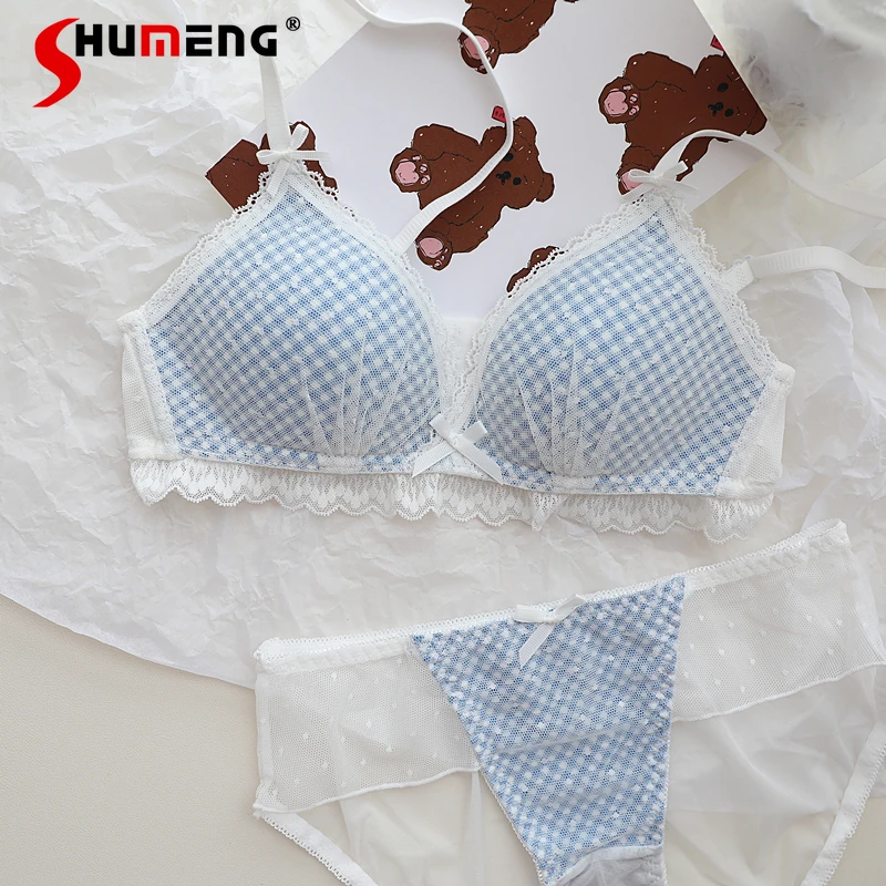 

Blue Plaid Japanese Style Women's Brief Sets Thin Bra Small Chest Push Up Underwear Female Sweet Lace Lolita Bra Suit