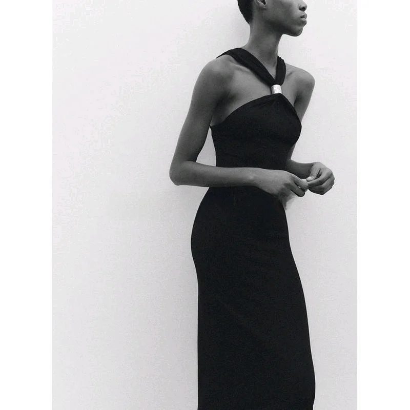 Primavera nova chegada feminina de malha ouro embelezado dr pendurado ne colarinho longo sve cintura alta bodycon vestido verão