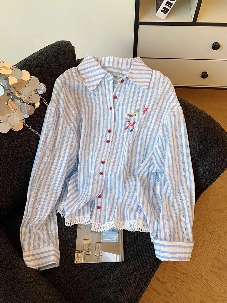 Schicker, süßer Spitzenbesatz, gestreift, lässig, Ne irt Damen, Frühling, Sommer, Design, Sensation, lockere Passform, lang, Sve, Knopfleiste